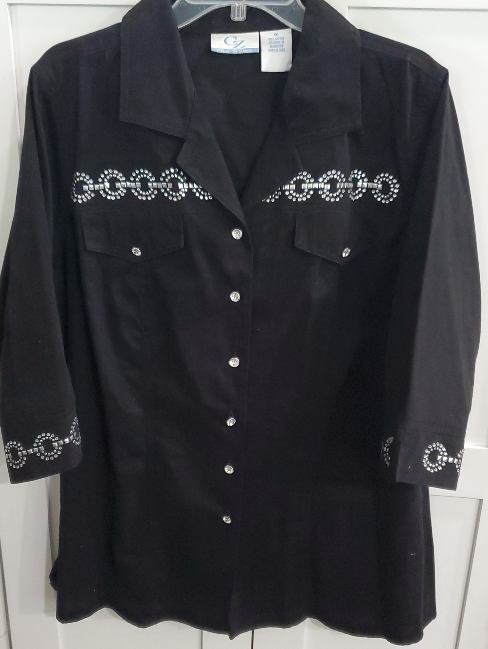 C.Z. Black Button-Front Western Shirt with Crystal Chain Embellishment